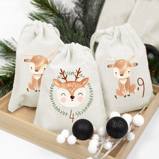 Adventskalender zum Befüllen Säckchen aus Stoff 1-24 Weihnachtskalender zum Aufhängen Rentier