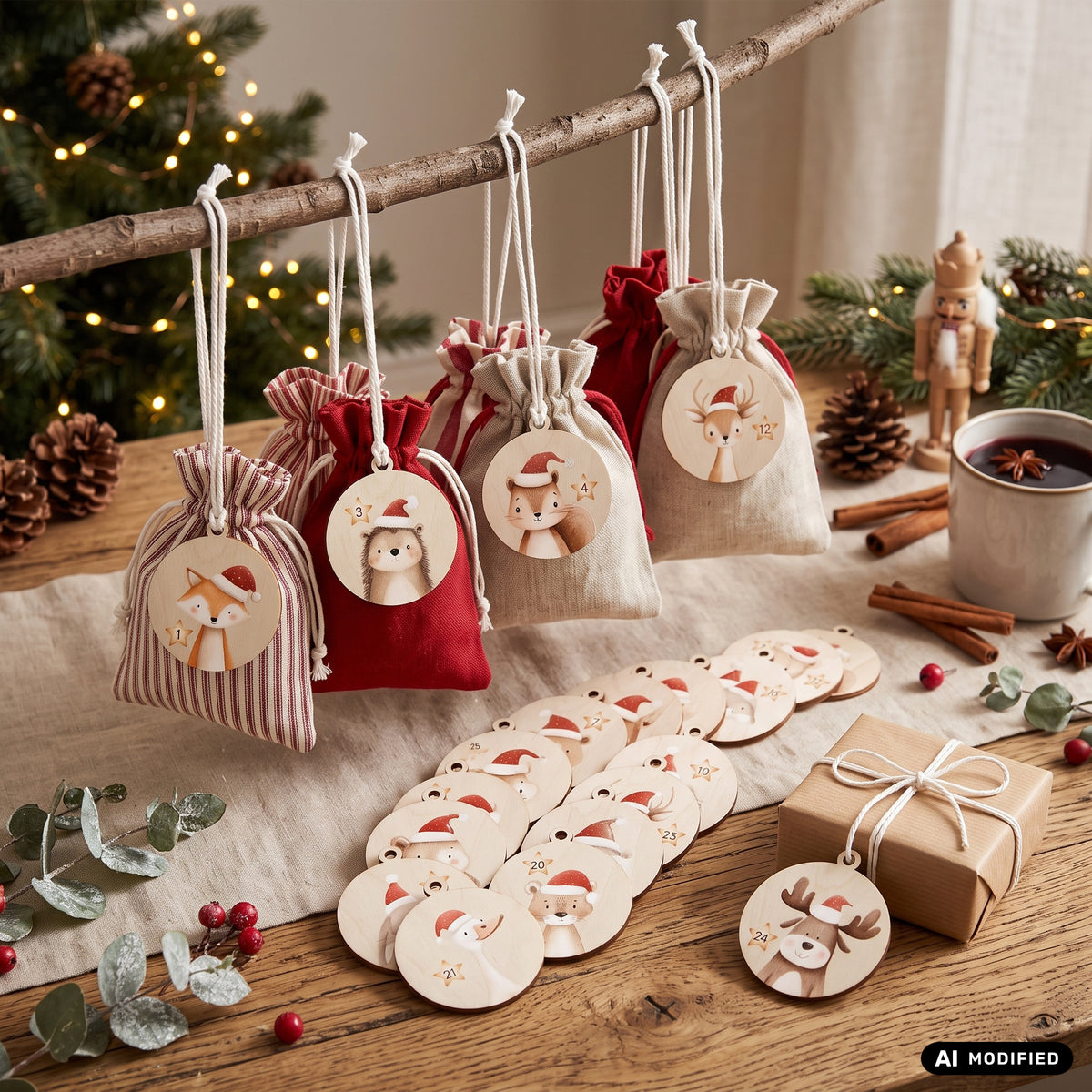 24 Adventskalender Anhänger aus Holz 1-24 Holzanhänger DIY Adventskalender Selbst Befüllen für Kinder – Tierzauber