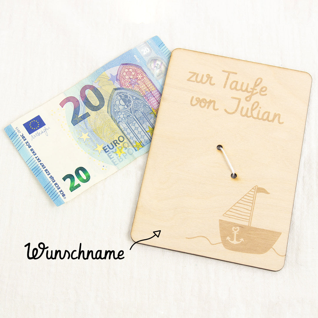 Geschenkkarte - Holz - Geldgeschenk Taufe - Boot - Wunschname