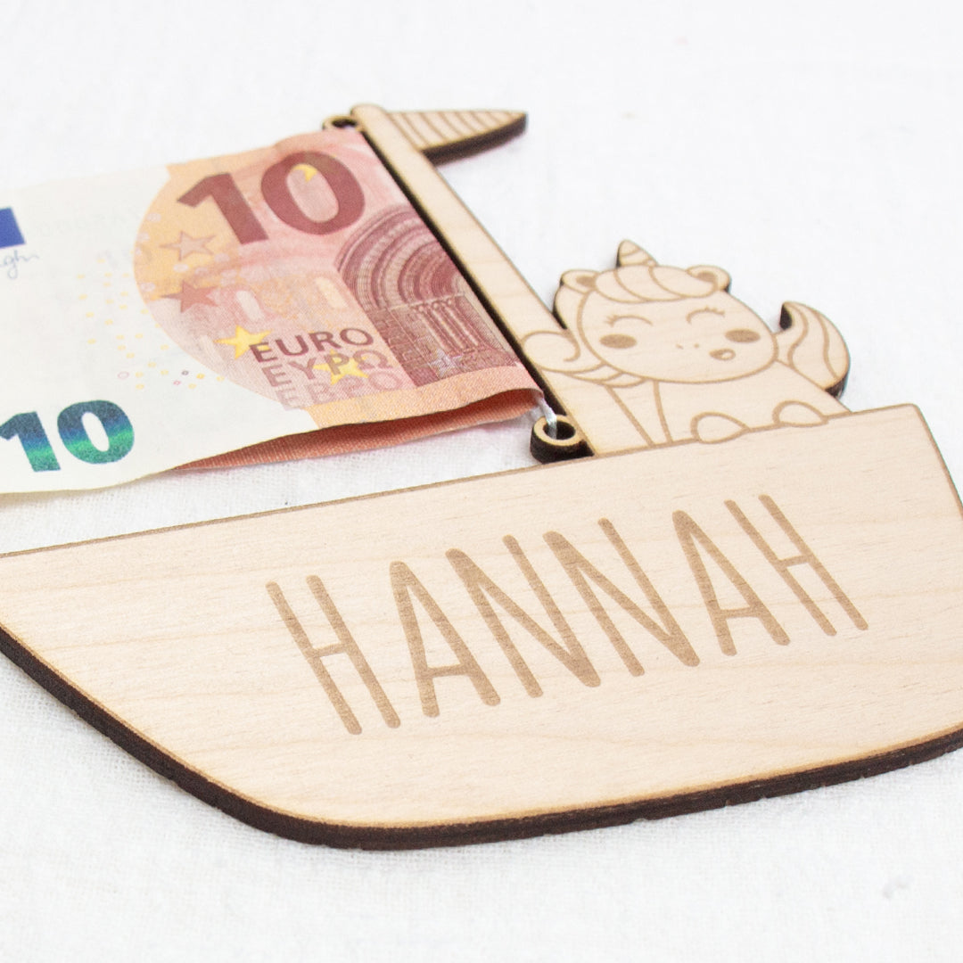 Geschenkkarte - Holz - Geldgeschenk Taufe - Einhorn - Wunschname