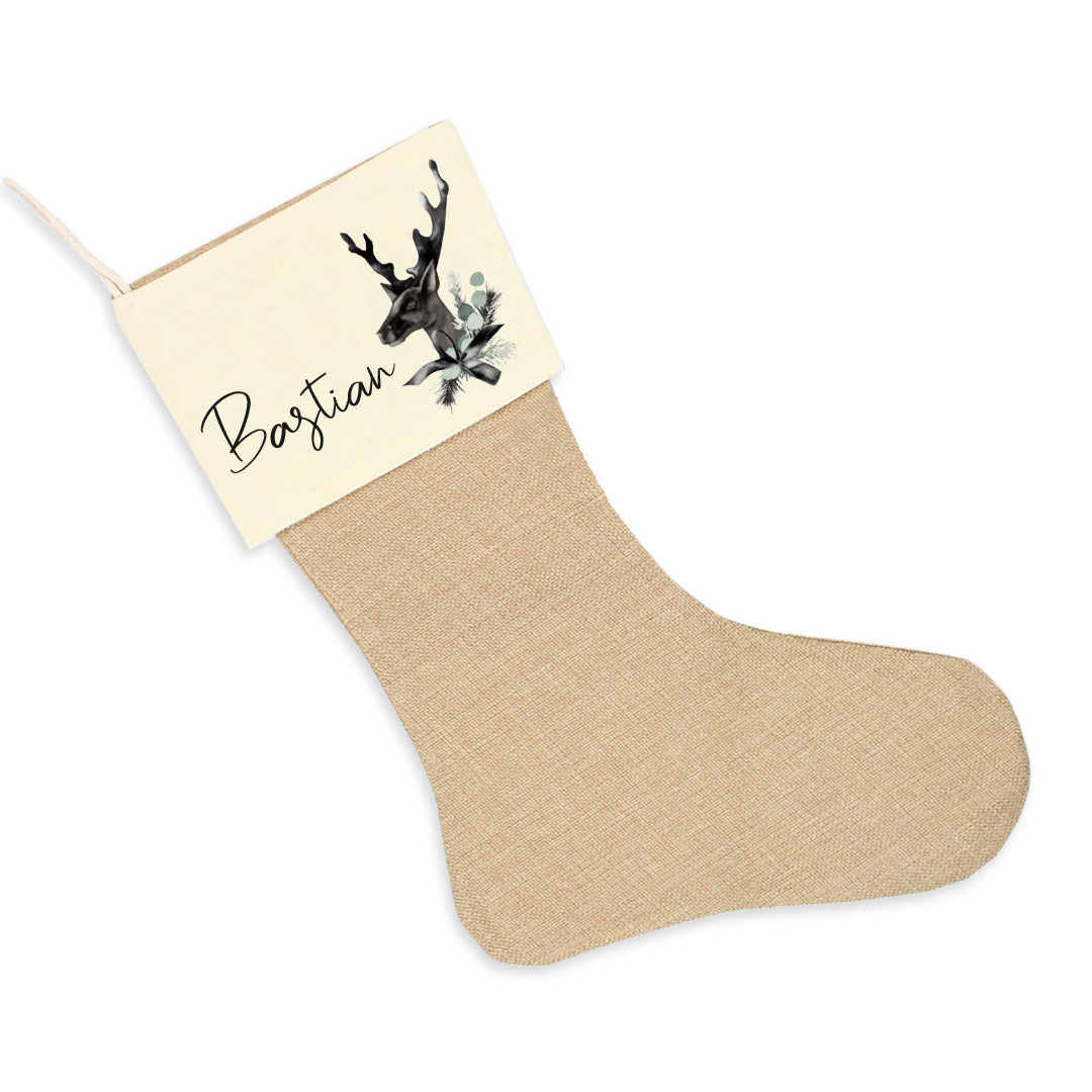 Nikolausstrumpf zum Befüllen Weihnachtssocke aus Jute personalisiert mit Name - Black Christmas Reindeer