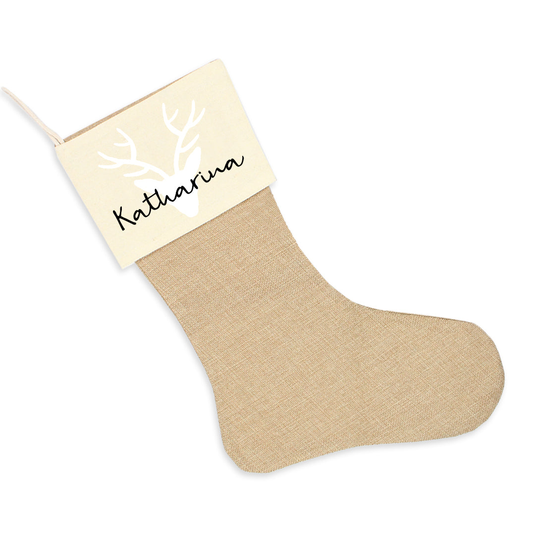 Nikolausstrumpf zum Befüllen Weihnachtssocke aus Jute personalisiert mit Name - Hirsch