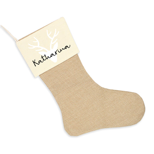 Nikolausstrumpf zum Befüllen Weihnachtssocke aus Jute personalisiert mit Name - Hirsch