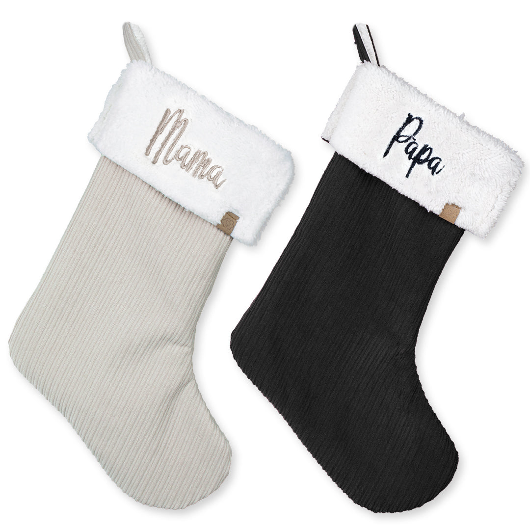 SET 2x Nikolausstrumpf zum Befüllen Weihnachtssocken zum Aufhängen 2er Set personalisiert bestickt - Mama sand & Papa schwarz