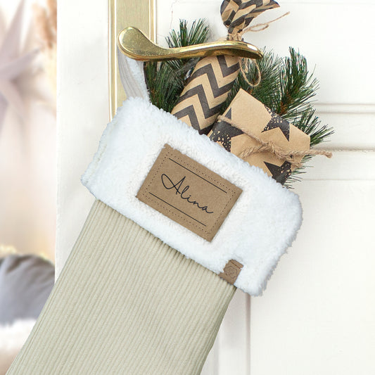 Nikolausstrumpf zum Befüllen Weihnachtssocke personalisiert mit Name Etikett - beige