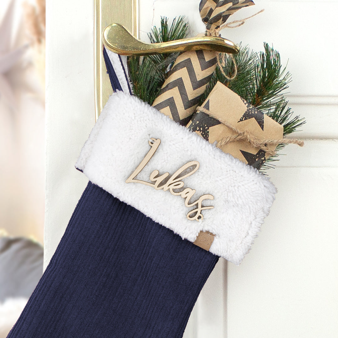 Nikolausstrumpf zum Befüllen Weihnachtssocke personalisiert mit Name aus Holz - dunkelblau