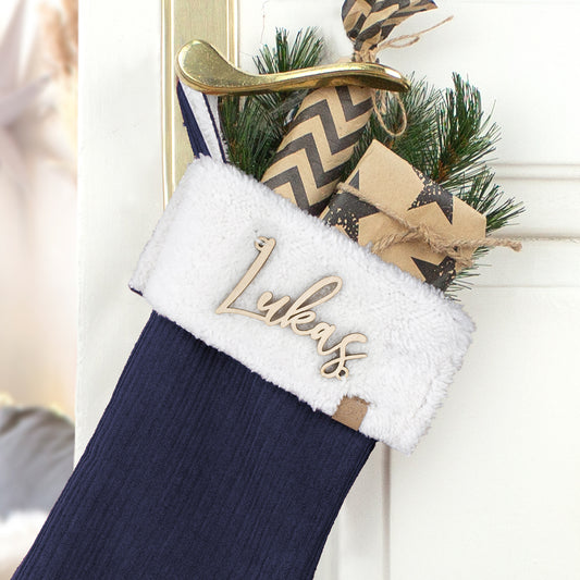 Nikolausstrumpf zum Befüllen Weihnachtssocke personalisiert mit Name aus Holz - dunkelblau