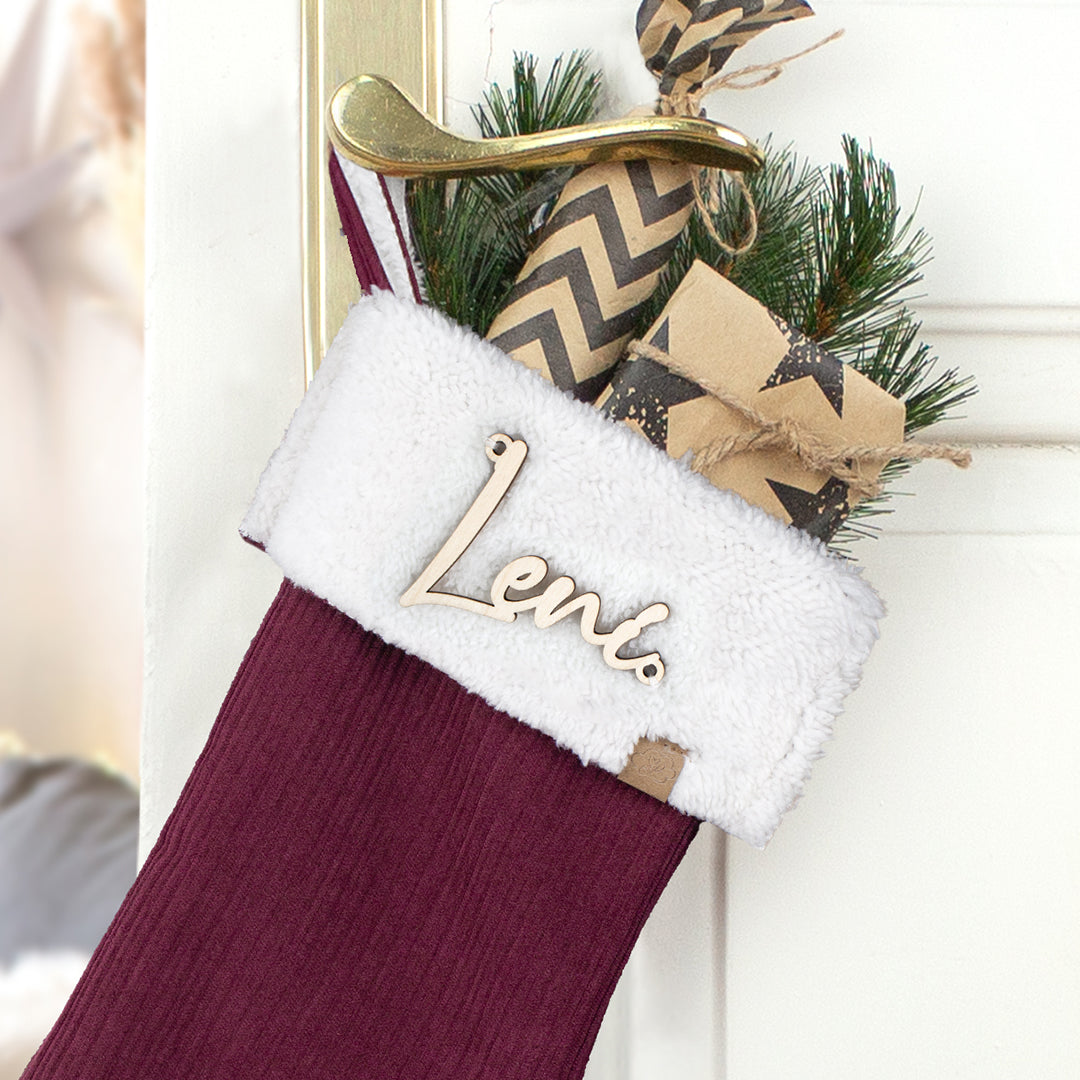 Nikolausstrumpf zum Befüllen Weihnachtssocke personalisiert mit Name aus Holz - bordeaux