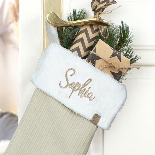 Nikolausstrumpf zum Befüllen Weihnachtssocke personalisiert mit Name bestickt - beige
