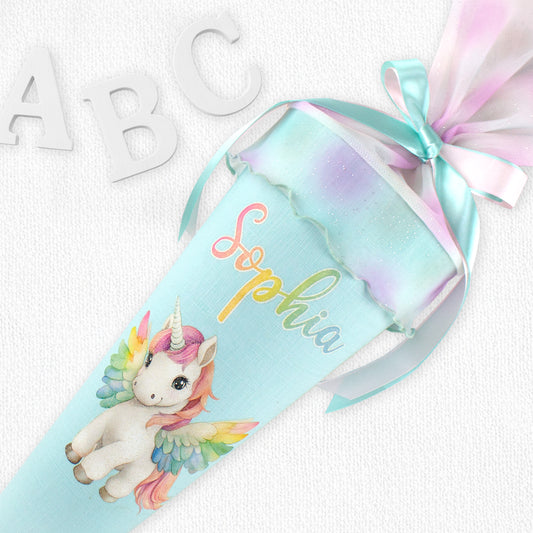 Schultüte aus Leinen & Glitzer Tüll individualisierbar mit Wunschname 70 cm - mint - Pegasus