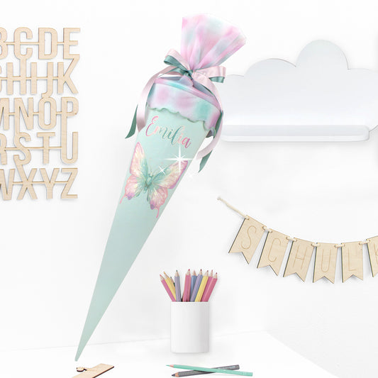 Schultüte aus Leinen & Glitzer Tüll individualisierbar mit Wunschname 70 cm - mint - Schmetterling