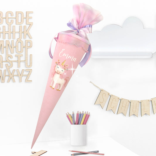 Schultüte aus Leinen & Glitzer Tüll individualisierbar mit Wunschname 70 cm - rosa - Einhorn