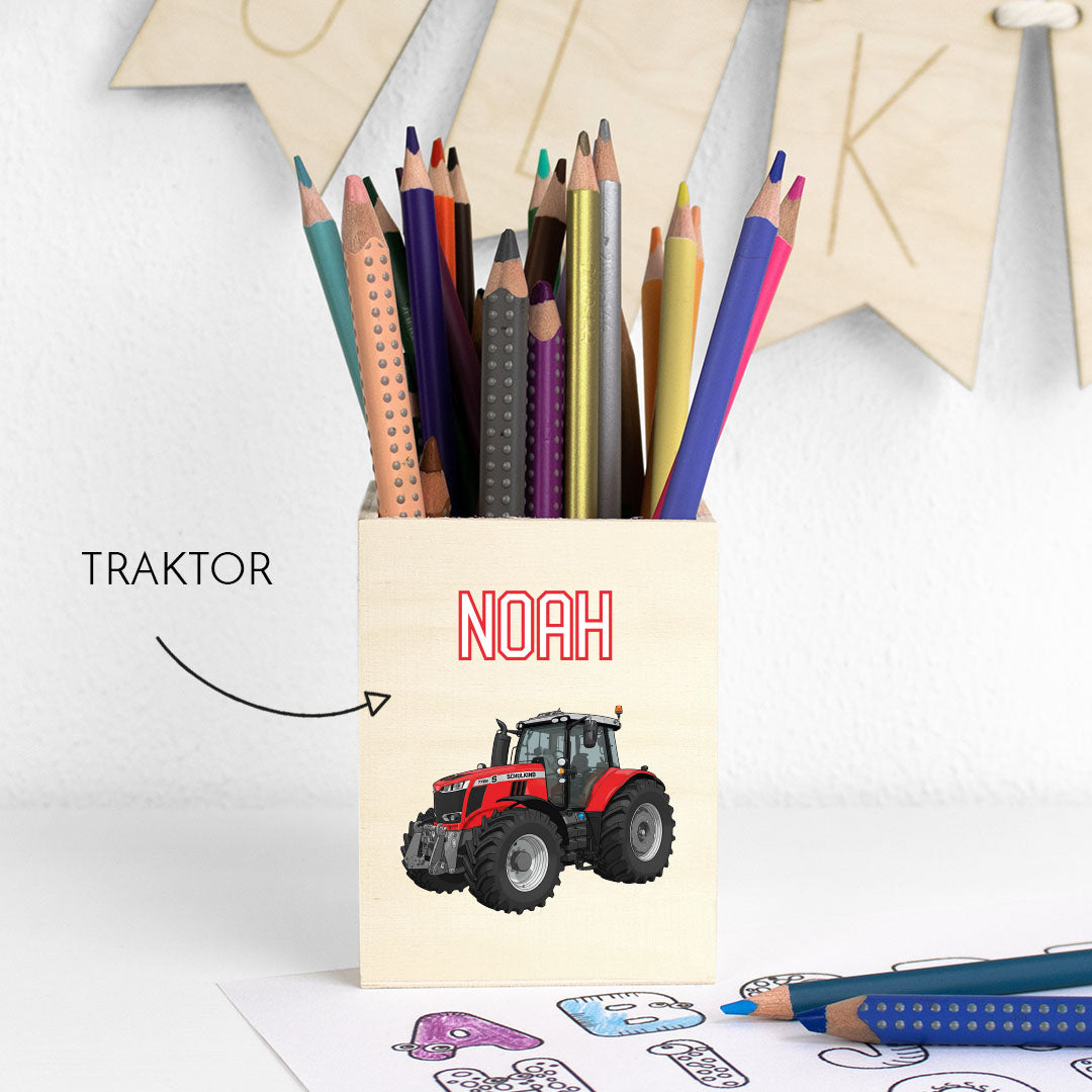 Personalisierter Stifthalter aus Holz Stiftebecher mit Wunschname Schulkind – Jungs