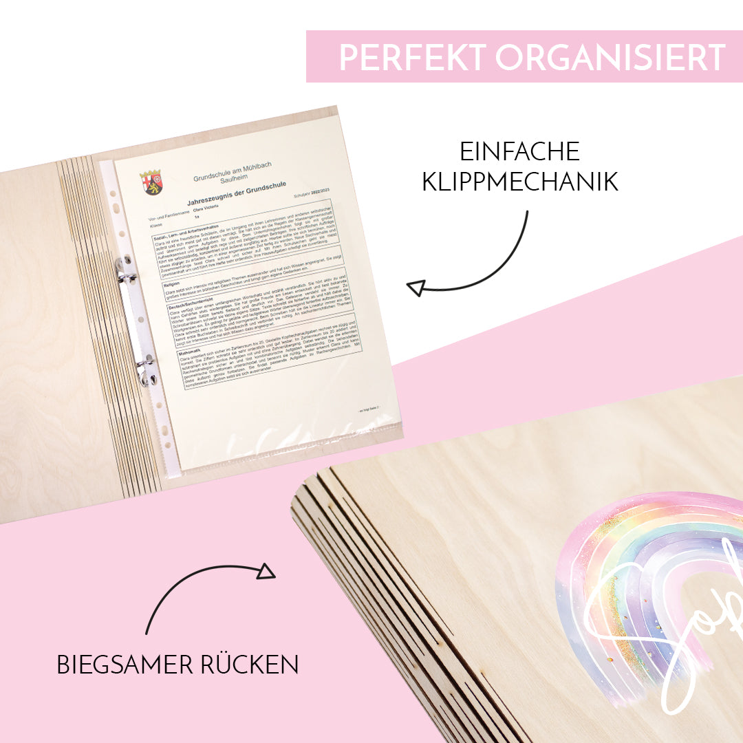 Zeugnismappe aus Holz personalisiert mit Wunschname Geschenk zur Einschulung - Regenbogen