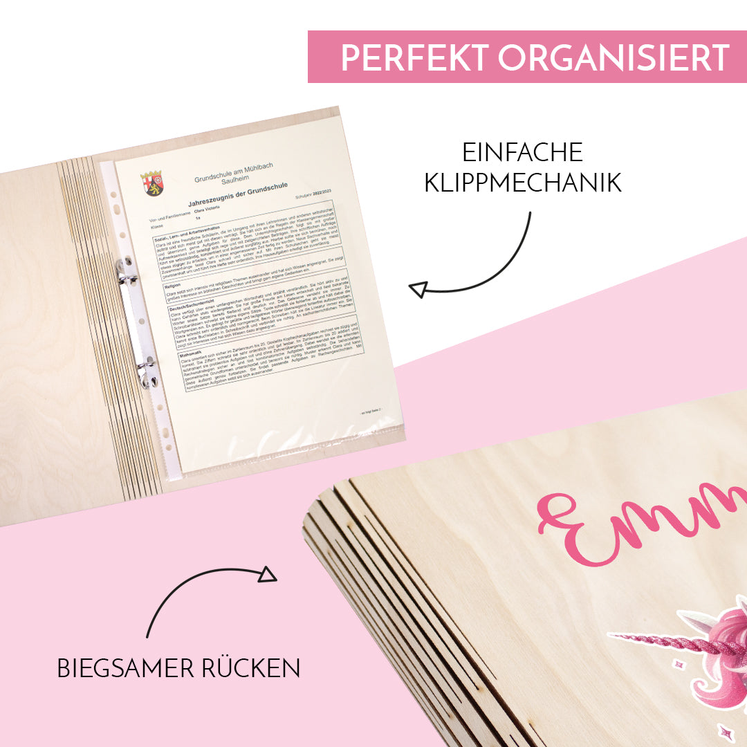 Zeugnismappe aus Holz personalisiert mit Wunschname und Wunschmotiv Geschenk zur Einschulung - Mädchen