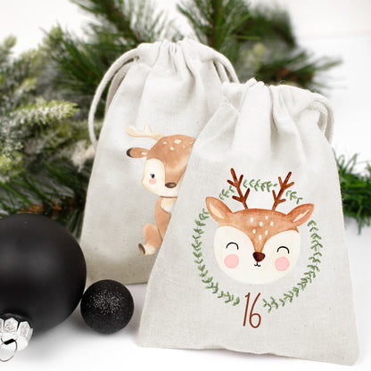 Adventskalender zum Befüllen Säckchen aus Stoff 1-24 Weihnachtskalender zum Aufhängen Rentier