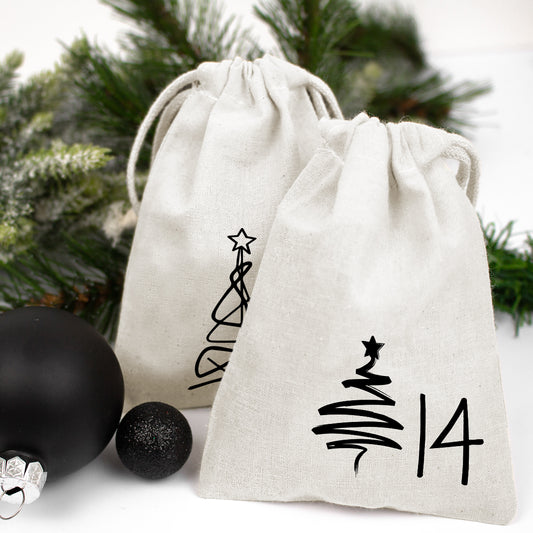 Adventskalender zum Befüllen Säckchen aus Stoff 1-24 Weihnachtskalender zum Aufhängen Tannenbäume