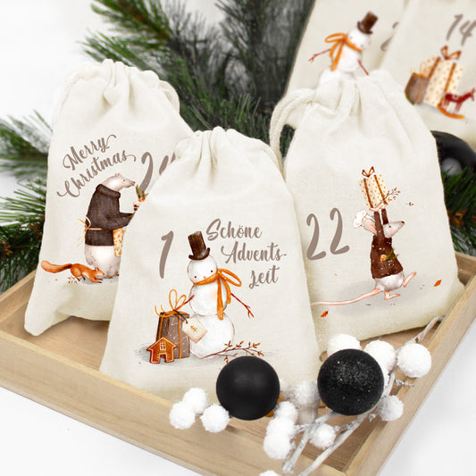 Adventskalender zum Befüllen Säckchen aus Stoff 1-24 Weihnachtskalender zum Aufhängen Tierische Weihnachten