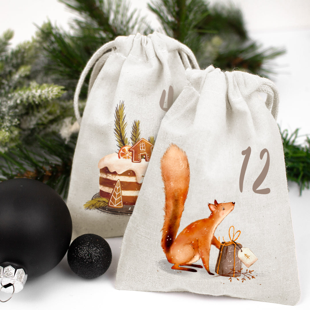 Adventskalender zum Befüllen Säckchen aus Stoff 1-24 Weihnachtskalender zum Aufhängen Tierische Weihnachten