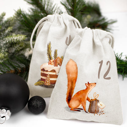 Adventskalender zum Befüllen Säckchen aus Stoff 1-24 Weihnachtskalender zum Aufhängen Tierische Weihnachten
