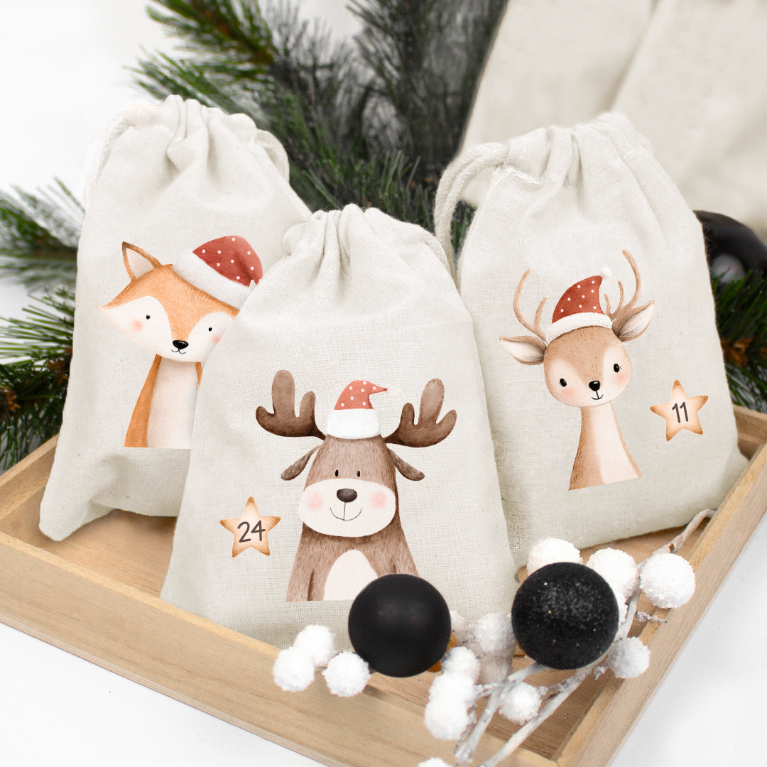 Adventskalender zum Befüllen Säckchen aus Stoff 1-24 Weihnachtskalender zum Aufhängen Tierzauber