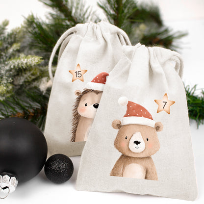 Adventskalender zum Befüllen Säckchen aus Stoff 1-24 Weihnachtskalender zum Aufhängen Tierzauber