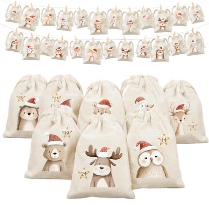 Adventskalender zum Befüllen Säckchen aus Stoff 1-24 Weihnachtskalender zum Aufhängen Tierzauber