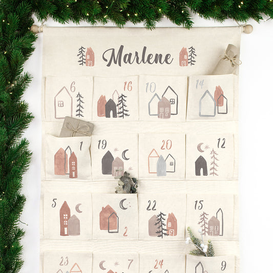 Adventskalender zum Befüllen Wandkalender aus Stoff zum Aufhängen personalisierbar mit Wunschname XXL Boho Weihnachtshäuser
