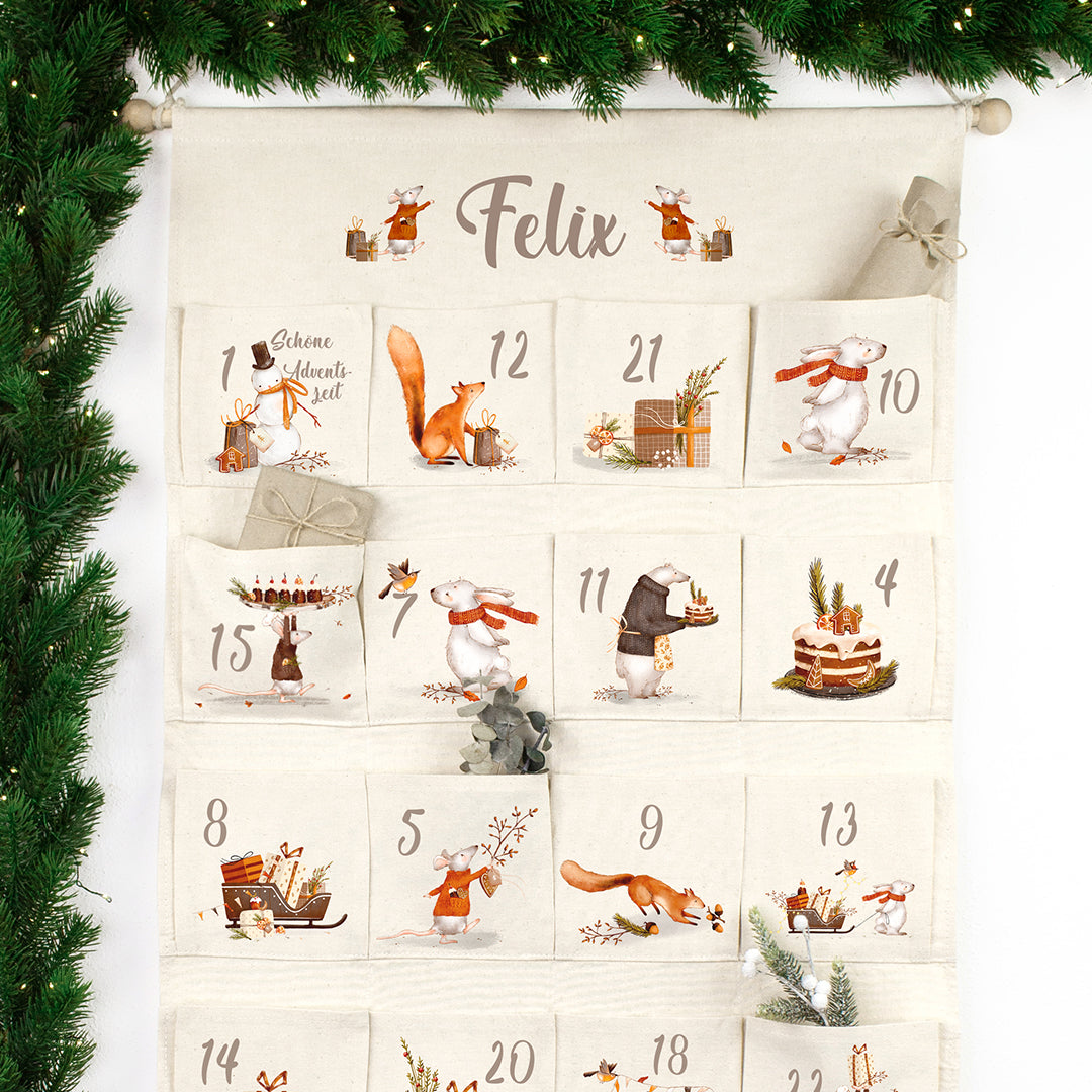 Adventskalender zum Befüllen Wandkalender aus Stoff zum Aufhängen personalisierbar mit Wunschname XXL Tierische Weihnachten