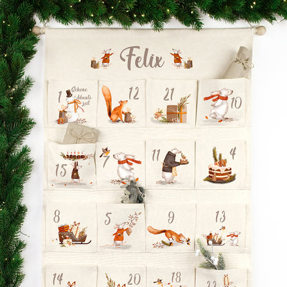 Adventskalender zum Befüllen Wandkalender aus Stoff zum Aufhängen personalisierbar mit Wunschname XXL Tierische Weihnachten