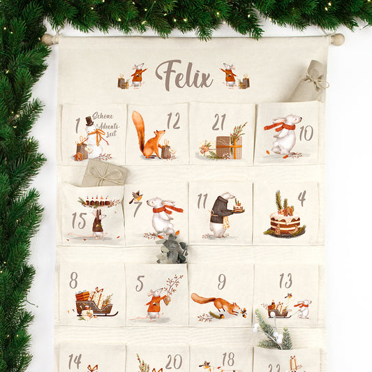 Adventskalender zum Befüllen Wandkalender aus Stoff zum Aufhängen personalisierbar mit Wunschname XXL Tierische Weihnachten