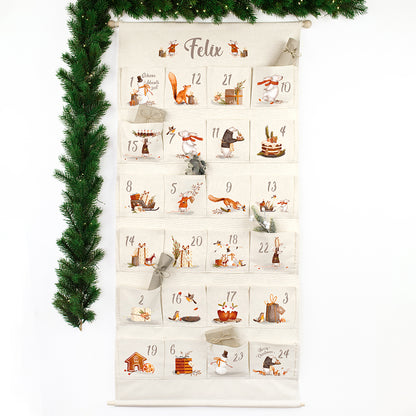 Adventskalender zum Befüllen Wandkalender aus Stoff zum Aufhängen personalisierbar mit Wunschname XXL Tierische Weihnachten
