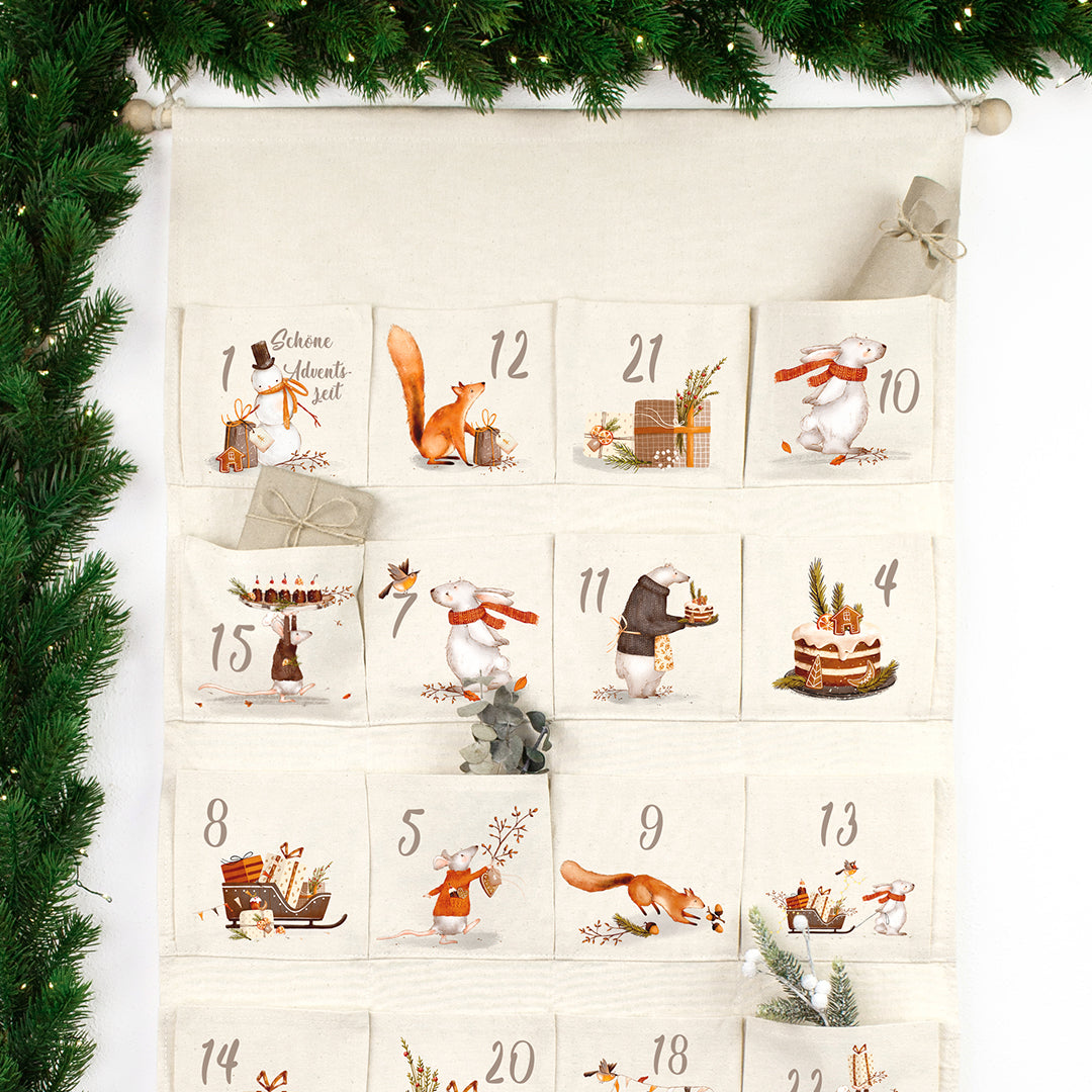 Adventskalender zum Befüllen Wandkalender aus Stoff zum Aufhängen personalisierbar mit Wunschname XXL Tierische Weihnachten