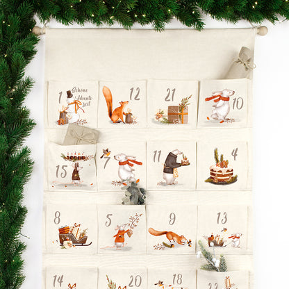 Adventskalender zum Befüllen Wandkalender aus Stoff zum Aufhängen personalisierbar mit Wunschname XXL Tierische Weihnachten