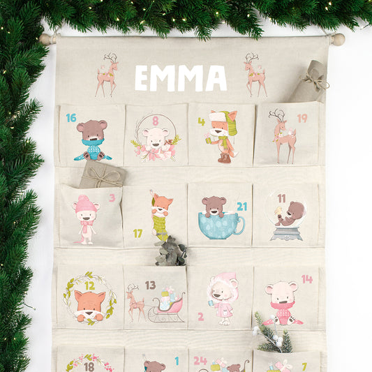 Adventskalender zum Befüllen Wandkalender aus Stoff zum Aufhängen personalisierbar mit Wunschname XXL Weihnachtstiere
