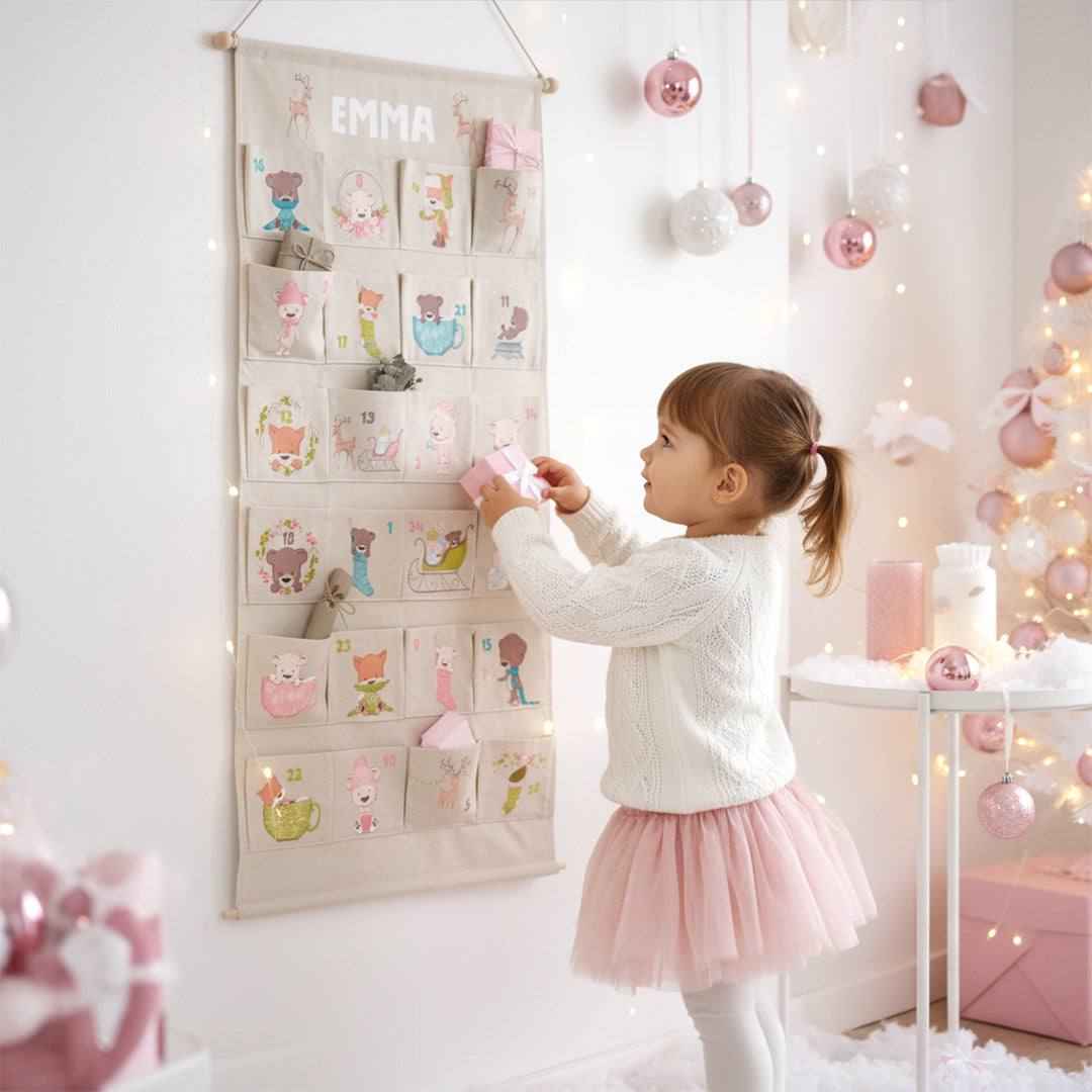 Adventskalender zum Befüllen Wandkalender aus Stoff zum Aufhängen personalisierbar mit Wunschname XXL Weihnachtstiere