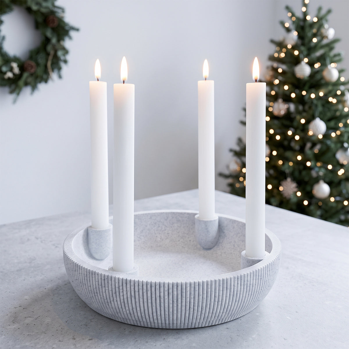 Adventsschale Skandi Adventskranz modern Dekoschale Kerzenhalter LED Weihnachtsdeko Sprenkel-Optik