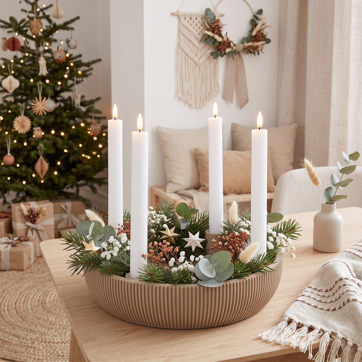 Adventsschale Skandi Adventskranz modern Dekoschale Kerzenhalter LED Weihnachtsdeko