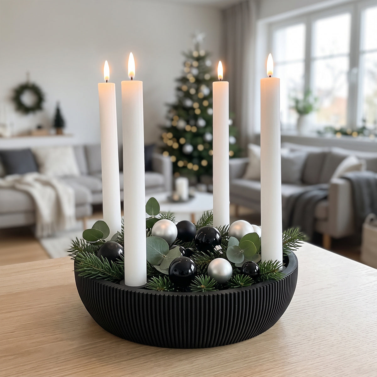 Adventsschale Skandi Adventskranz modern Dekoschale Kerzenhalter LED Weihnachtsdeko