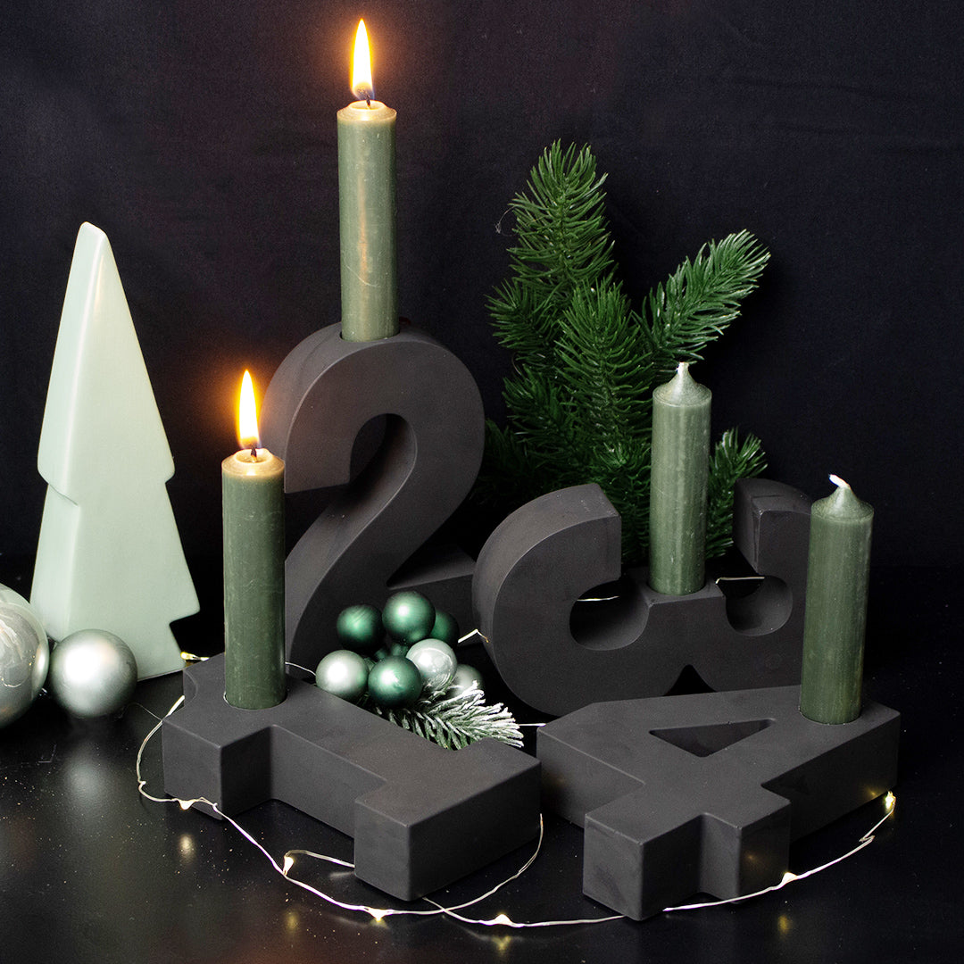 Adventszahlen Adventskranz 1-4 Kerzenhalter Zahlen aus Gießbeton Weihnachtsdeko Advent schwarz - Grün