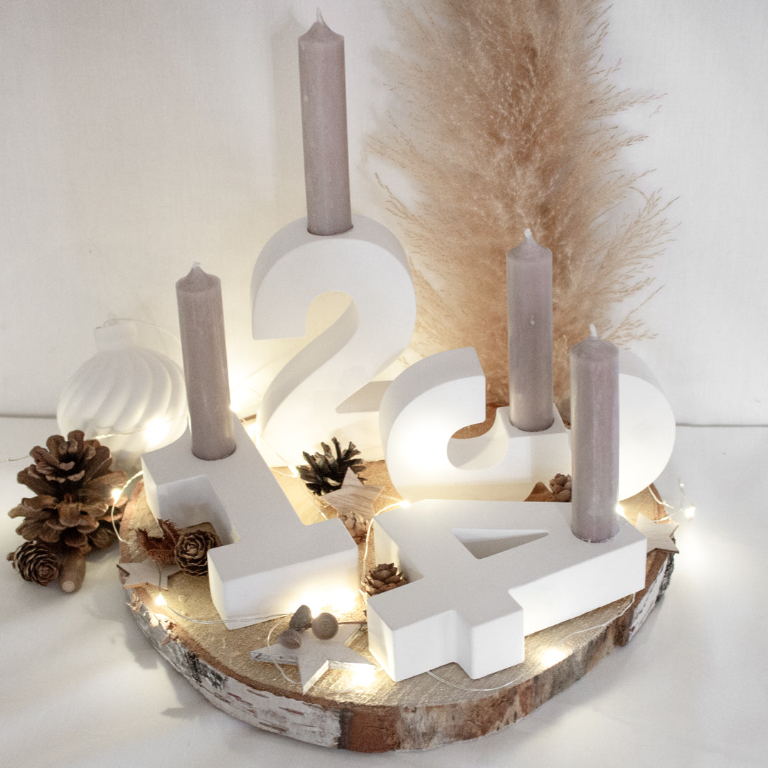 Adventszahlen Adventskranz 1-4 Kerzenhalter Zahlen aus Gießbeton Weihnachtsdeko Advent weiß - Boho
