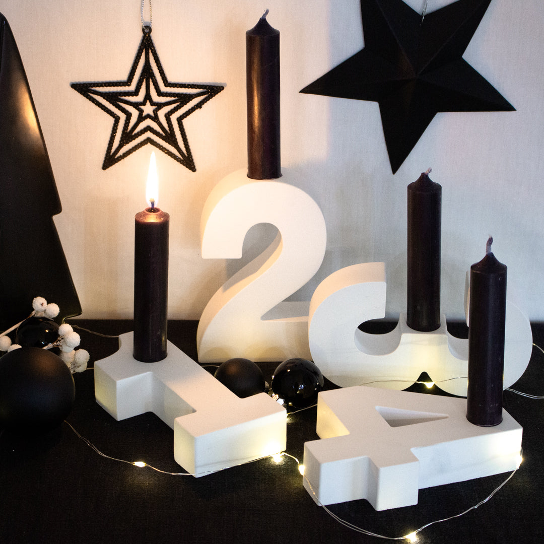 Adventszahlen Adventskranz 1-4 Kerzenhalter Zahlen aus Gießbeton Weihnachtsdeko Advent weiß - Schwarz