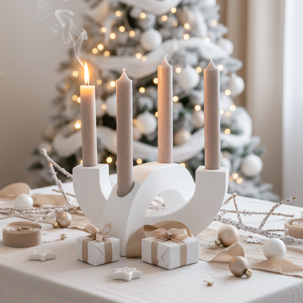 Adventskranz modern Kerzenhalter aus Gießbeton minimalistisch Weihnachtsdeko Halbkreis weiß Boho