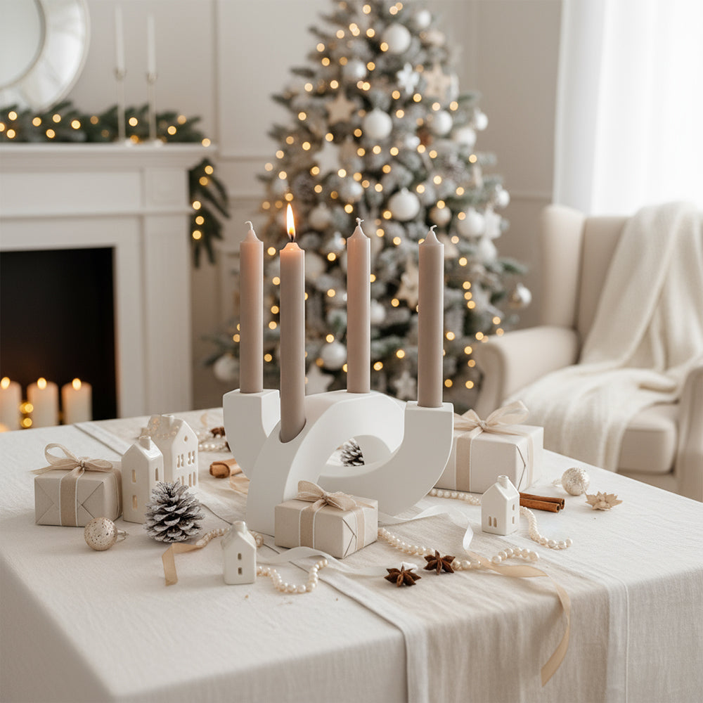 Adventskranz modern Kerzenhalter aus Gießbeton minimalistisch Weihnachtsdeko Halbkreis weiß Boho