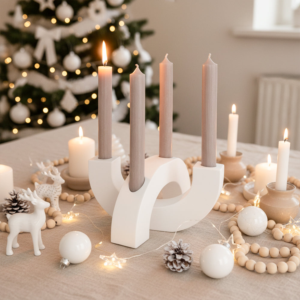 Adventskranz modern Kerzenhalter aus Gießbeton minimalistisch Weihnachtsdeko Halbkreis weiß Boho