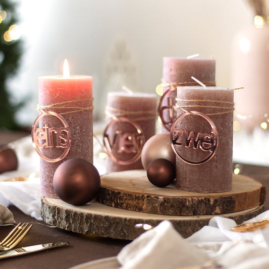Adventskranz Zahlen Holz Anhänger 1-4 für Kerzen Adventszahlen Schreibmaschine Silber/Roségold