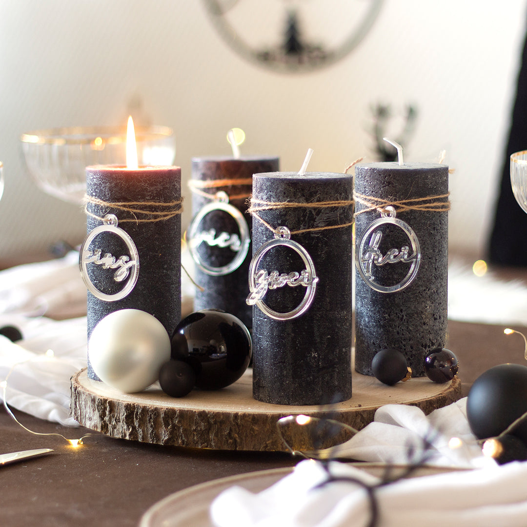 Adventskranz Zahlen Holz Anhänger 1-4 für Kerzen Adventszahlen Schreibschrift Silber/Roségold