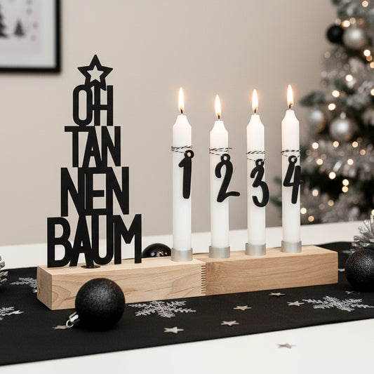 Adventskranz modern aus Holz Kerzenhalter Set länglich Adventsleiste mit Kerzen Oh Tannenbaum - schwarz