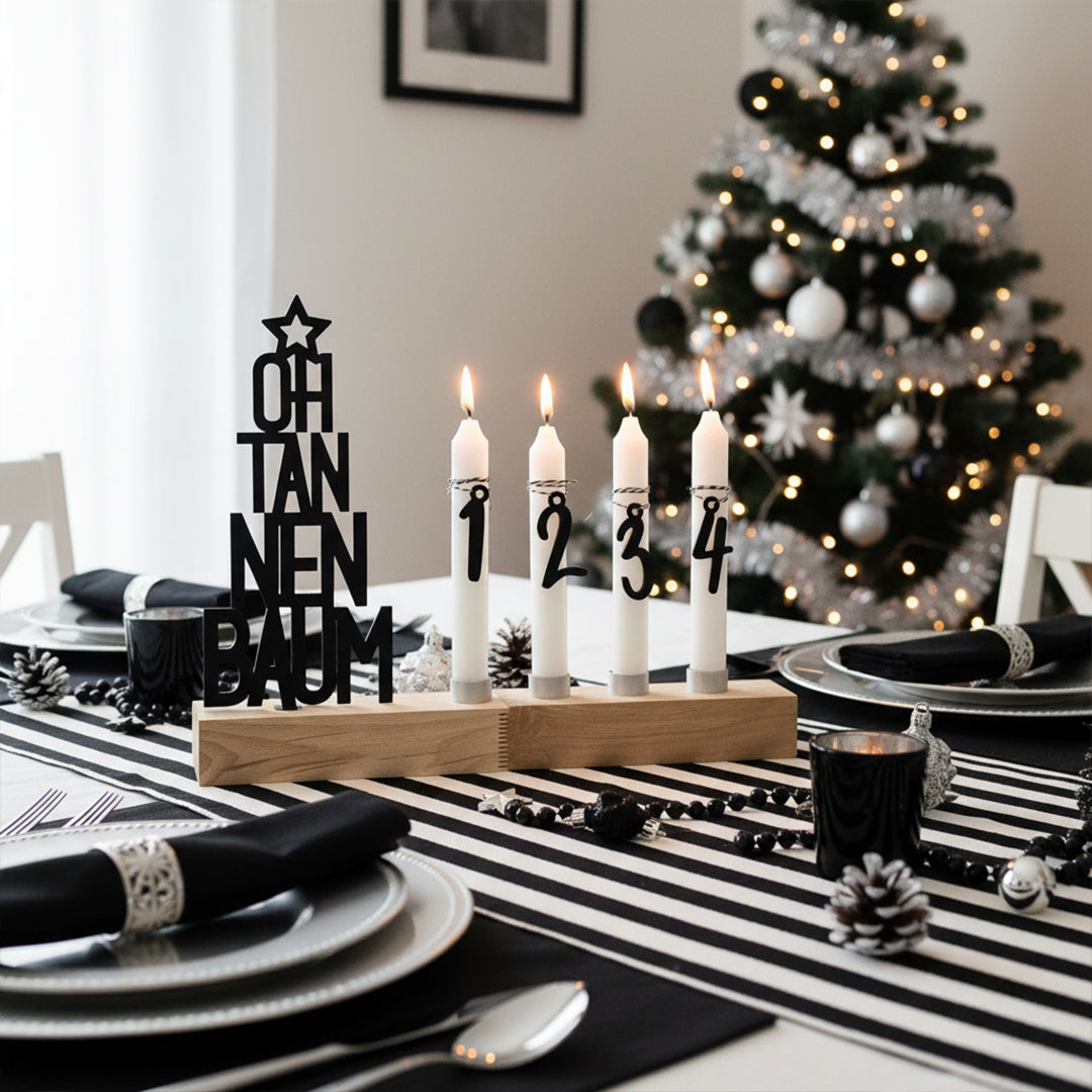Adventskranz modern aus Holz Kerzenhalter Set länglich Adventsleiste mit Kerzen Oh Tannenbaum - schwarz