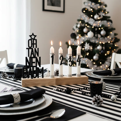 Adventskranz modern aus Holz Kerzenhalter Set länglich Adventsleiste mit Kerzen Oh Tannenbaum - schwarz